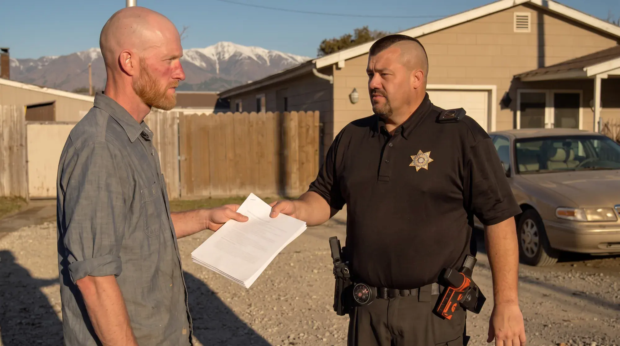 A deputy constable handing court papers to a man in the driveway of a North Salt Lake home