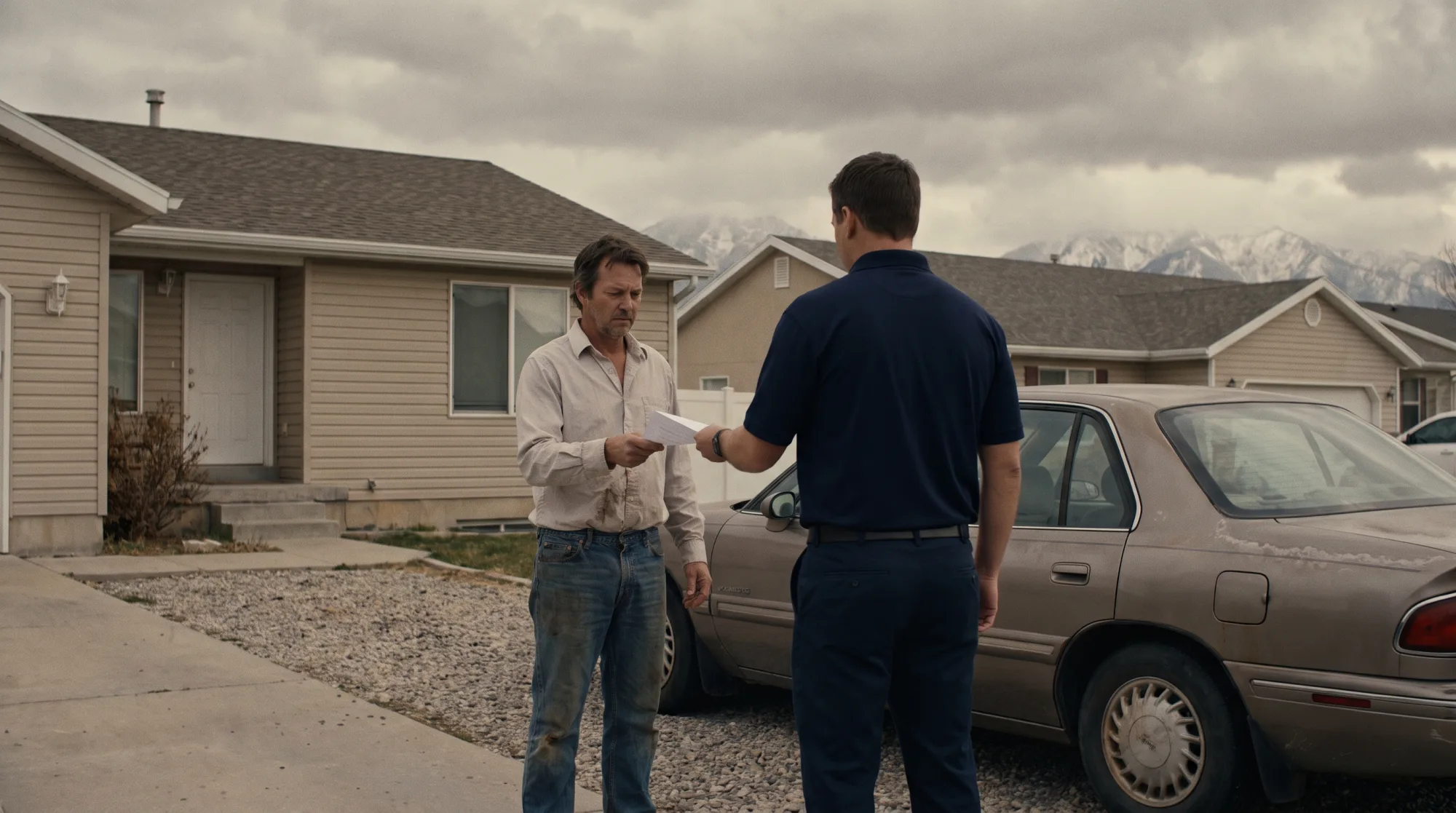 A deputy constable handing court papers to a man in the driveway of a Lehi home