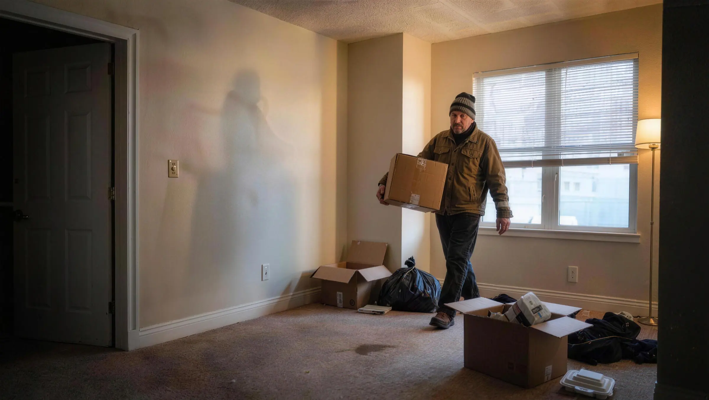 A tenant carrying a box of belongings out of a rental apartment on eviction day