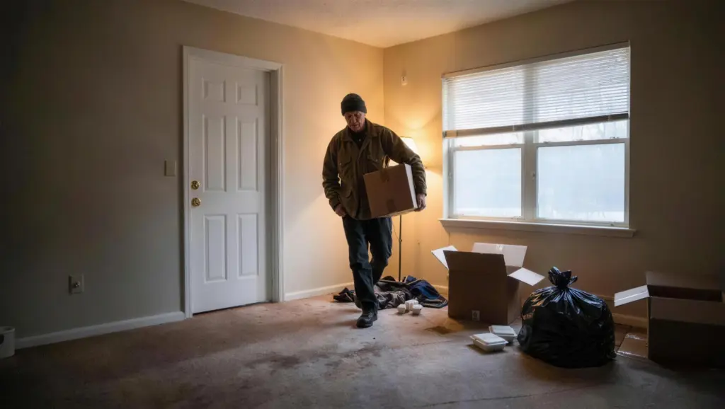 A tenant packing belongings out of a rental unit after a court-ordered lockout